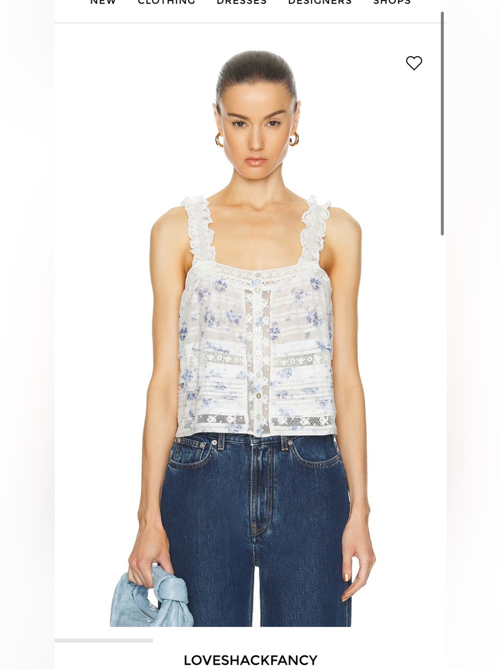 LoveShackFancy Cream and Blue Floral Lace-Trim Button-Front Camisole